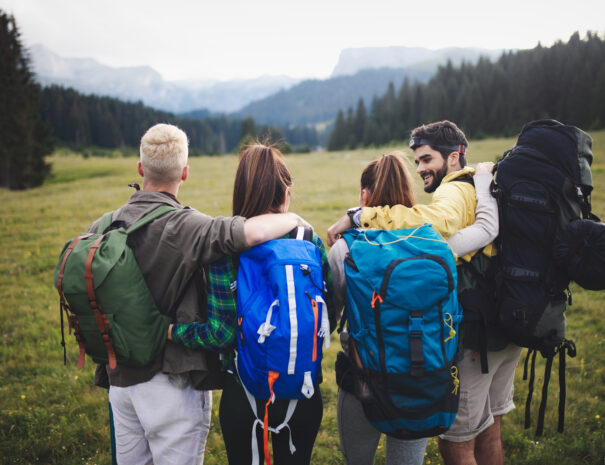 Group of hikers with backpacks and sticks walking on mountain